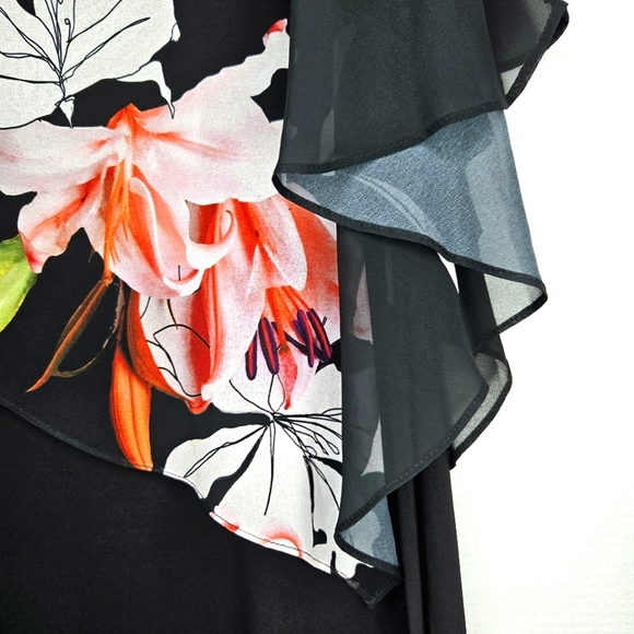 Wallis dress. Black floral, cold shoulder, scarf overlay.  Size 10. - Picture 8 of 13